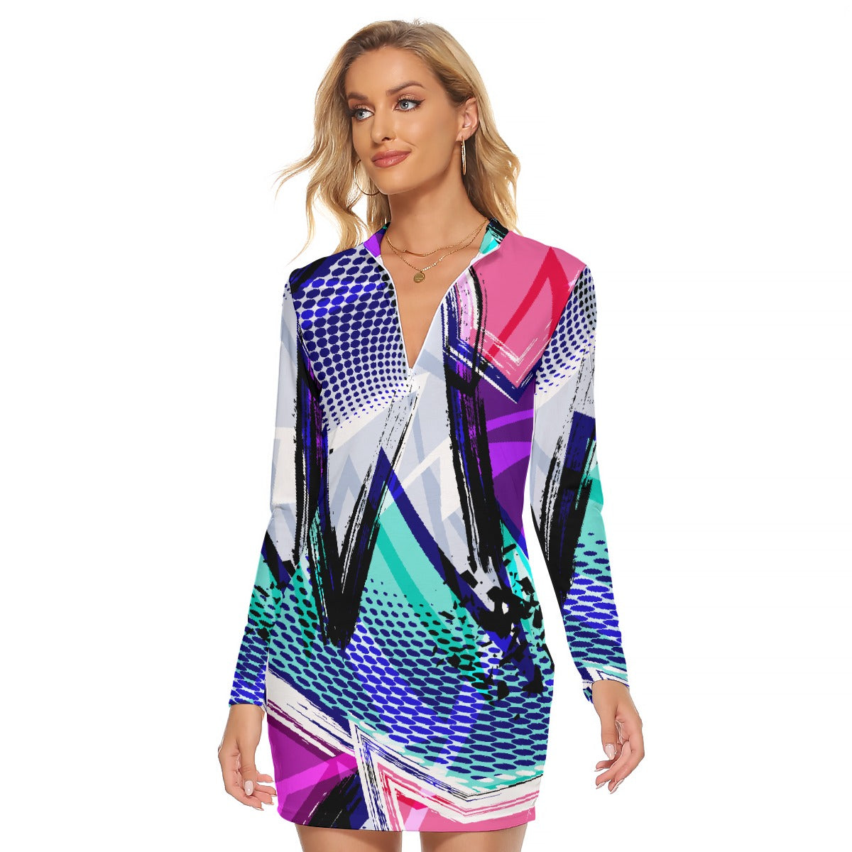 All-Over Print Women's Zip Front Tight Dress