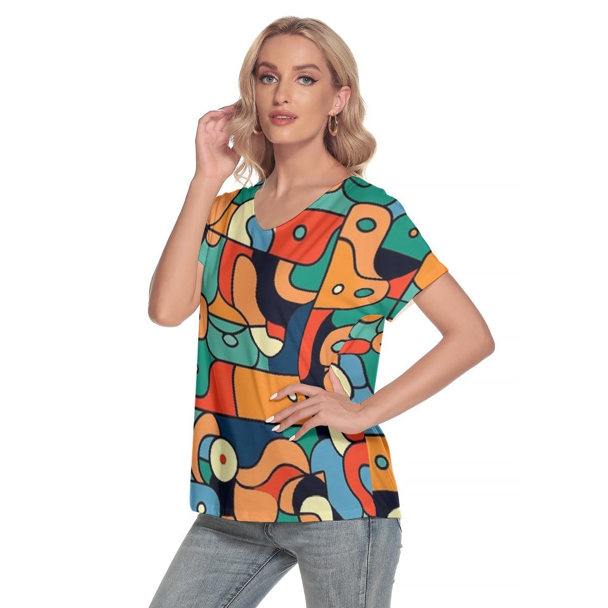 All-Over Print Women's Loose V-neck Short Sleeve T-shirt