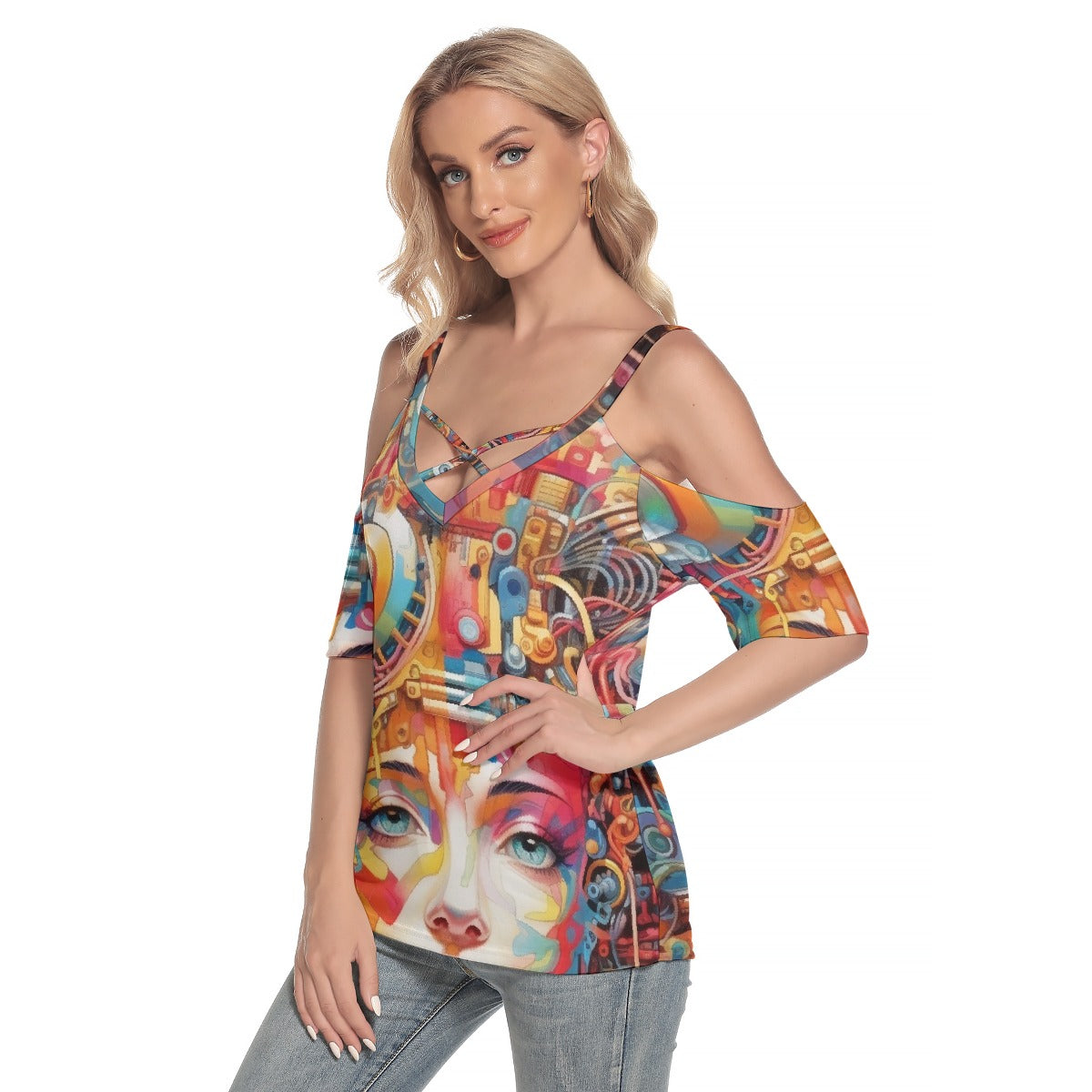 All-Over Print Women's Cold Shoulder T-shirt With Criss Cross Strips