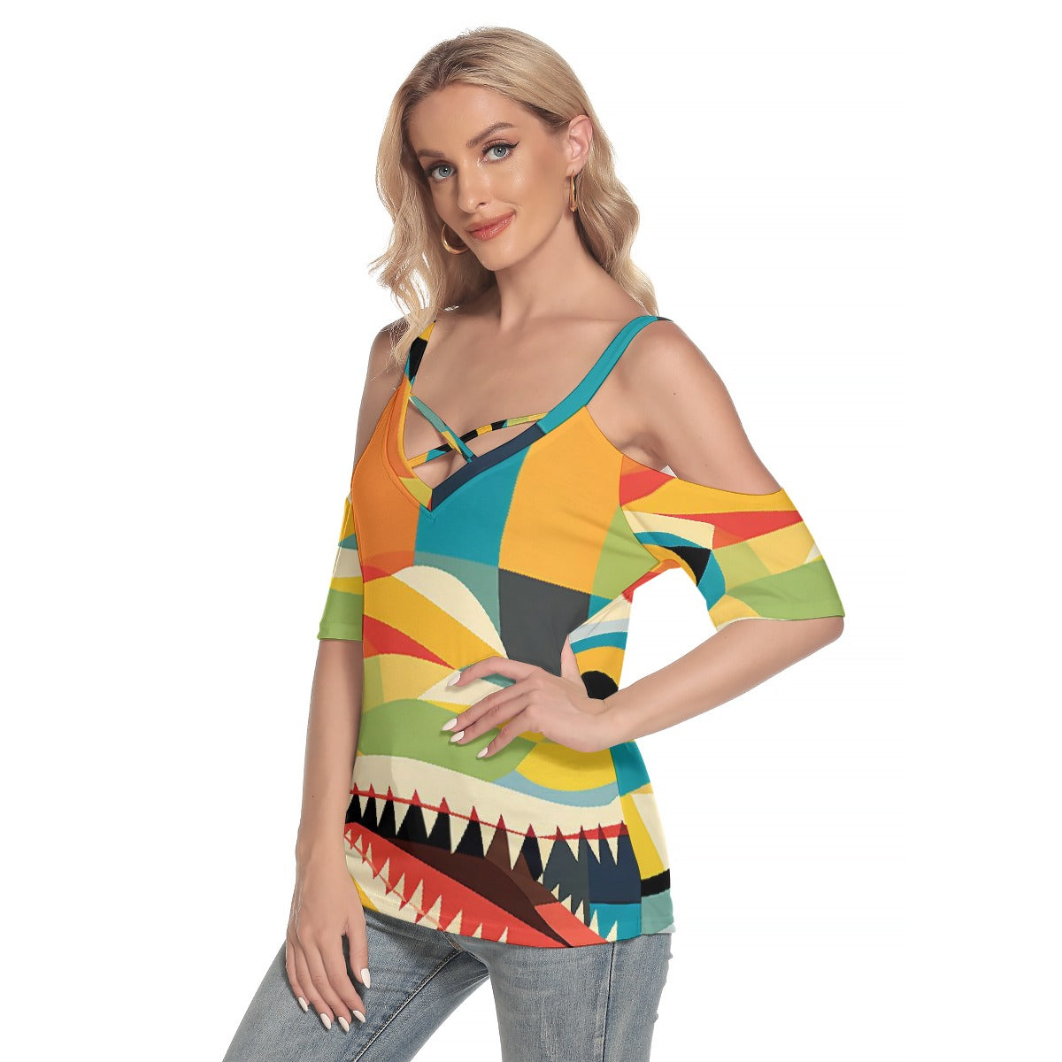 All-Over Print Women's Cold Shoulder T-shirt With Criss Cross Strips