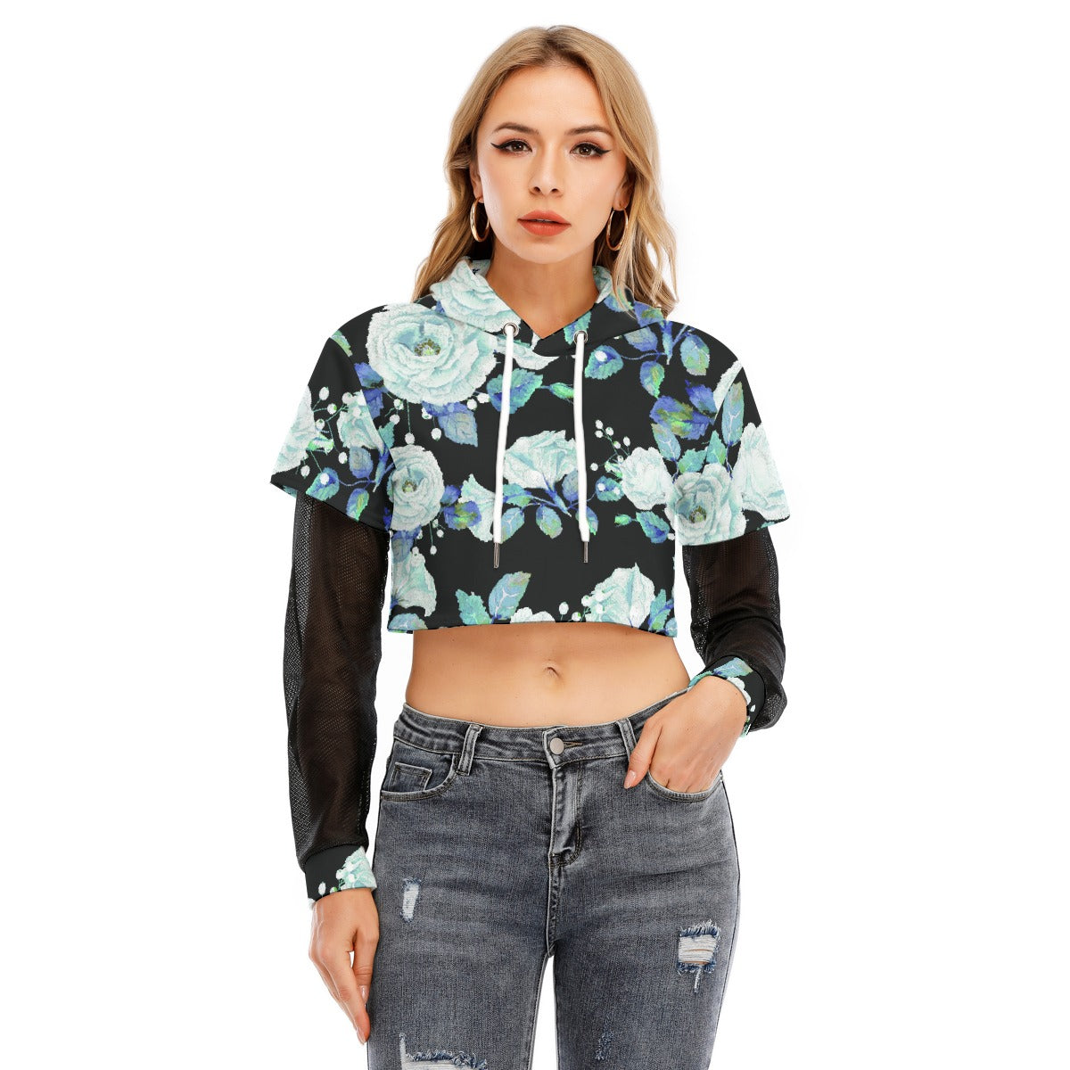 All-Over Print Women's Fake Two-piece Mesh Sleeve Cropped Hoodie