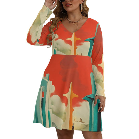 All-Over Print Women's V-neck Long Sleeve Dress(Plus Size)