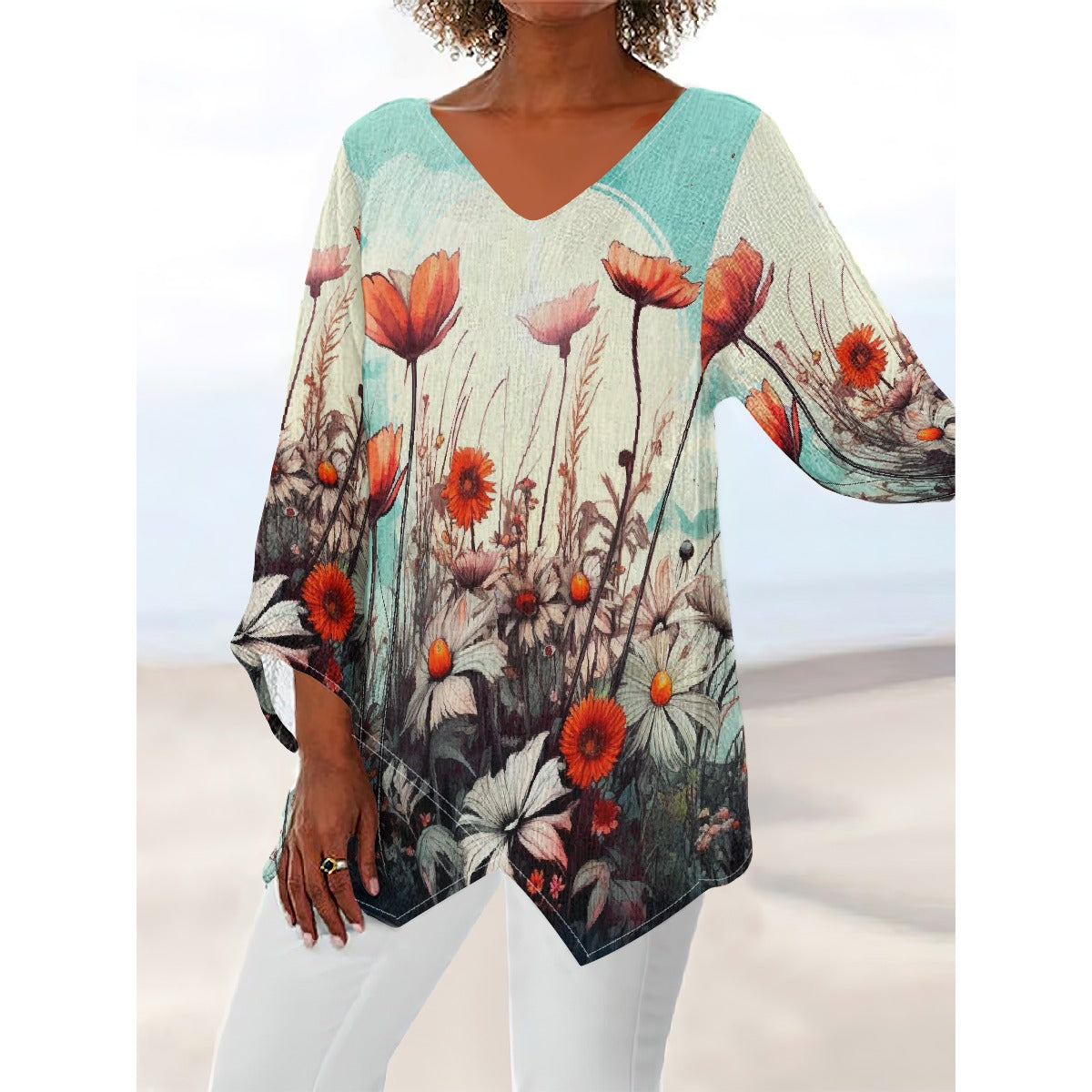 All-Over Print Women's V-neck T-shirt With Irregular Hem