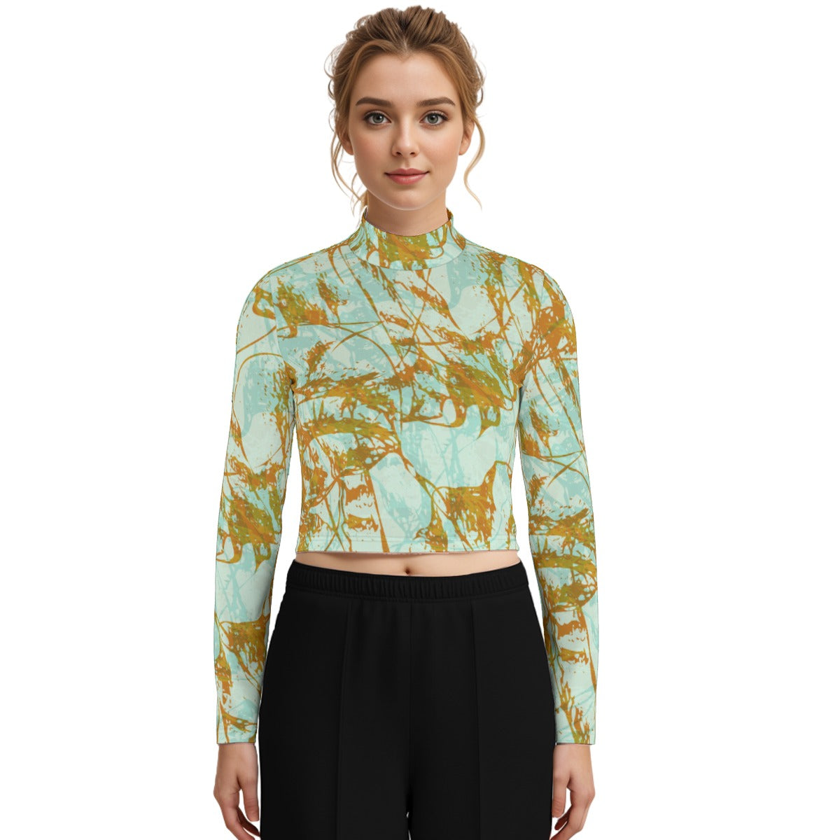 Eco-Friendly All-Over Print Women's Turtleneck T-shirt With Long Sleeve