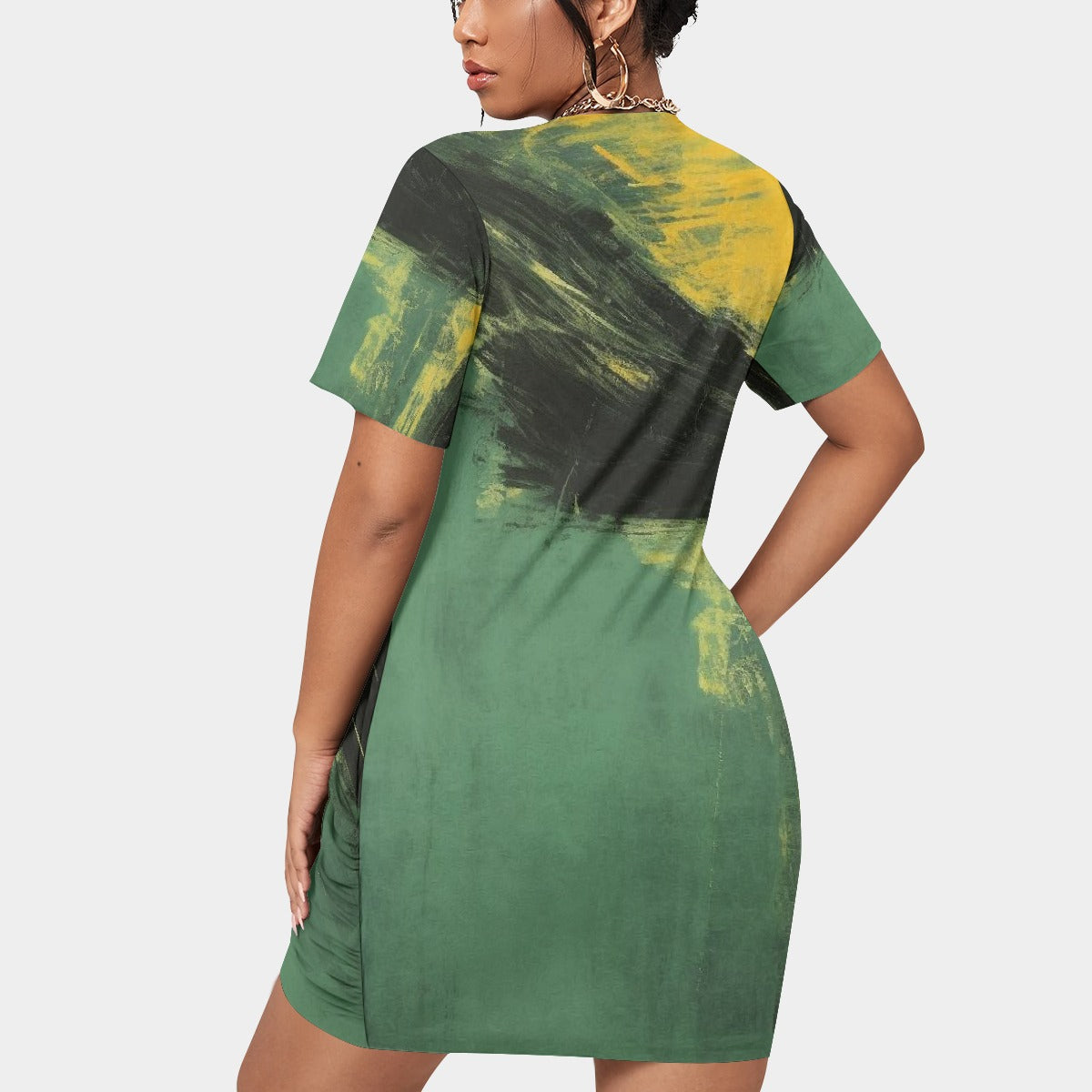 All-Over Print Women’s Stacked Hem Dress With Short Sleeve（Plus Size）