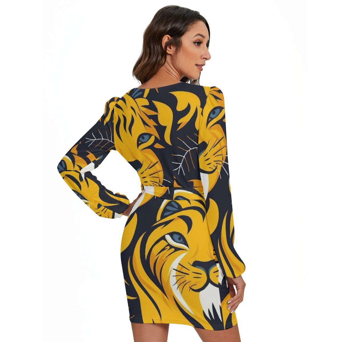 All-Over Print Women's Long Sleeve Dress With Waist Belt