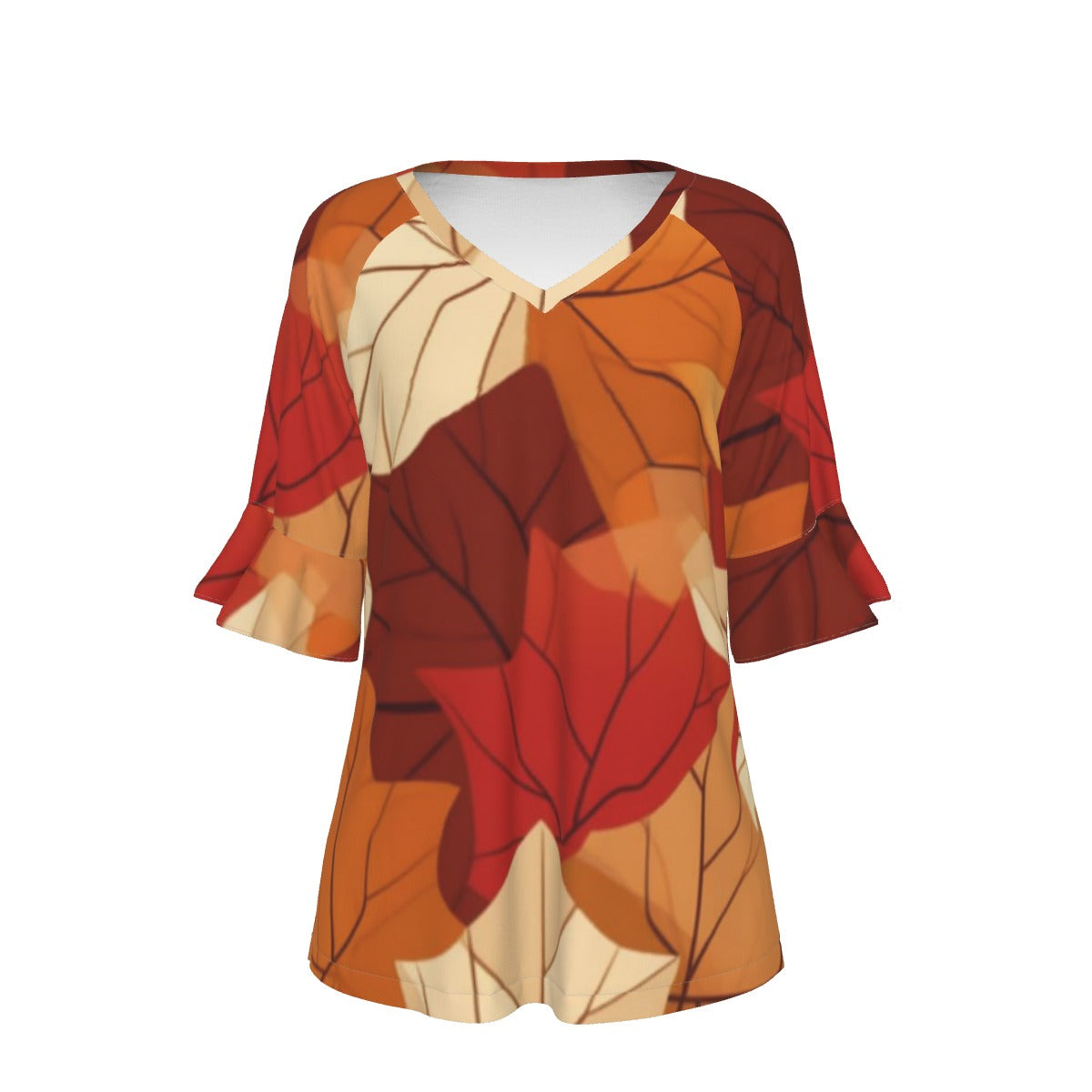 All-Over Print V-neck Women's T-shirt With Bell Sleeve