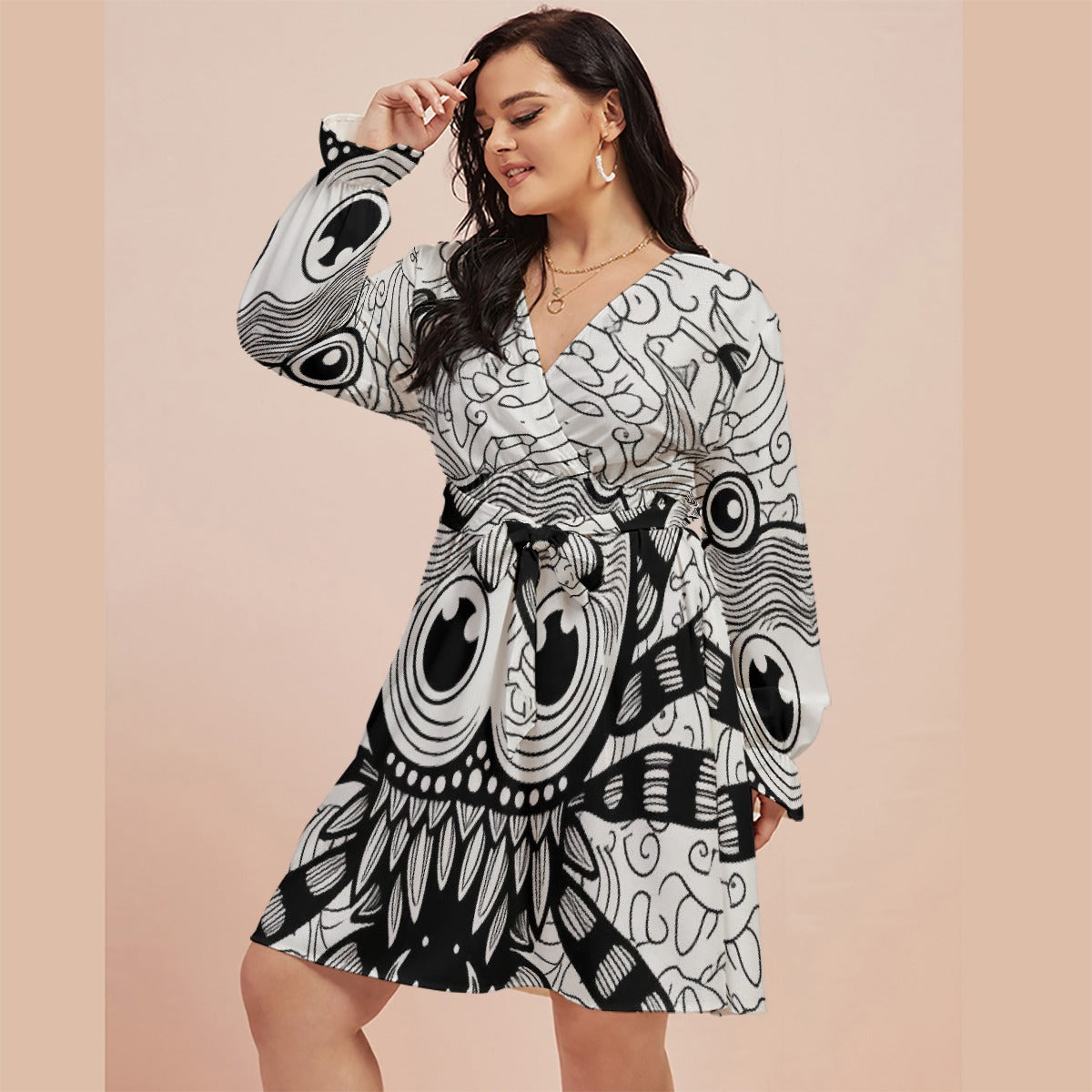 All-Over Print Women's V-neck Dress With Waistband(Plus Size)