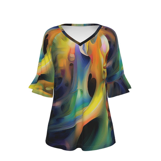 All-Over Print V-neck Women's T-shirt With Bell Sleeve