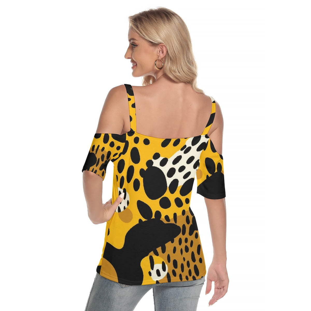 All-Over Print Women's Cold Shoulder T-shirt With Criss Cross Strips