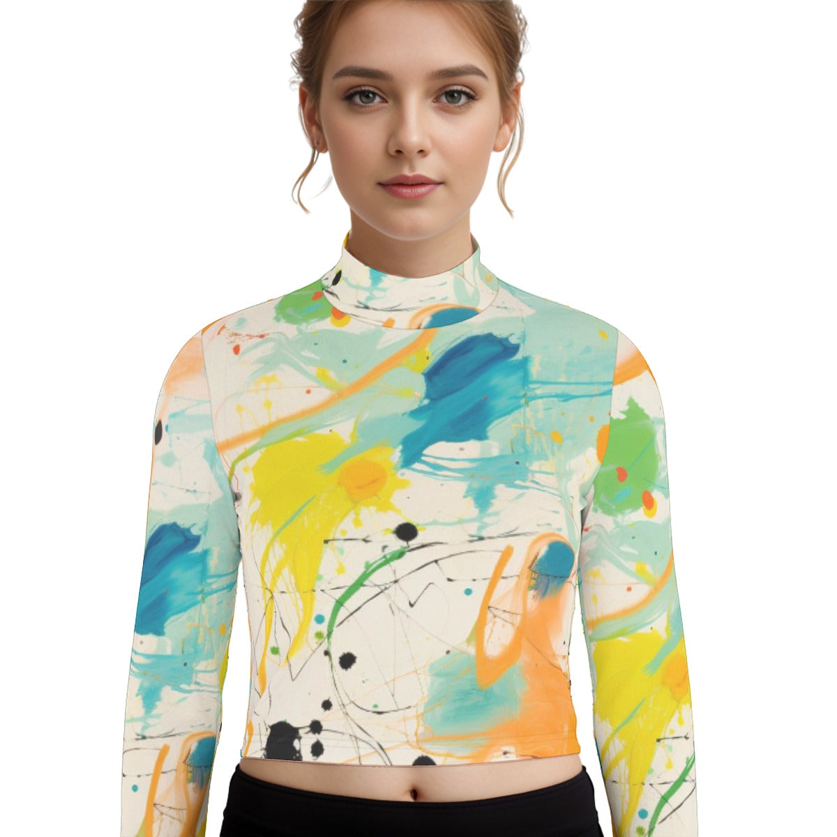 Eco-Friendly All-Over Print Women's Turtleneck T-shirt With Long Sleeve