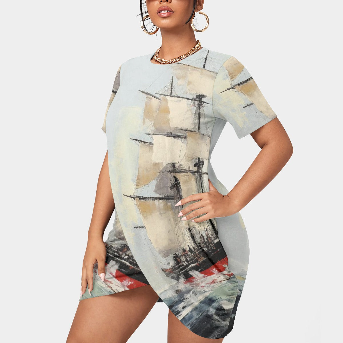 All-Over Print Women’s Stacked Hem Dress With Short Sleeve（Plus Size）