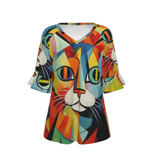 All-Over Print V-neck Women's T-shirt With Bell Sleeve