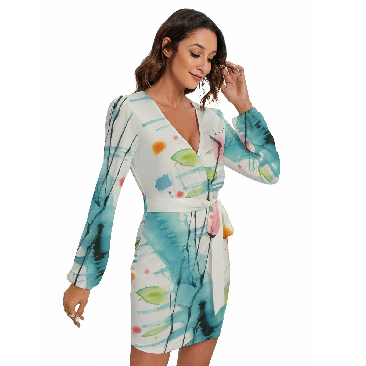 All-Over Print Women's Long Sleeve Dress With Waist Belt