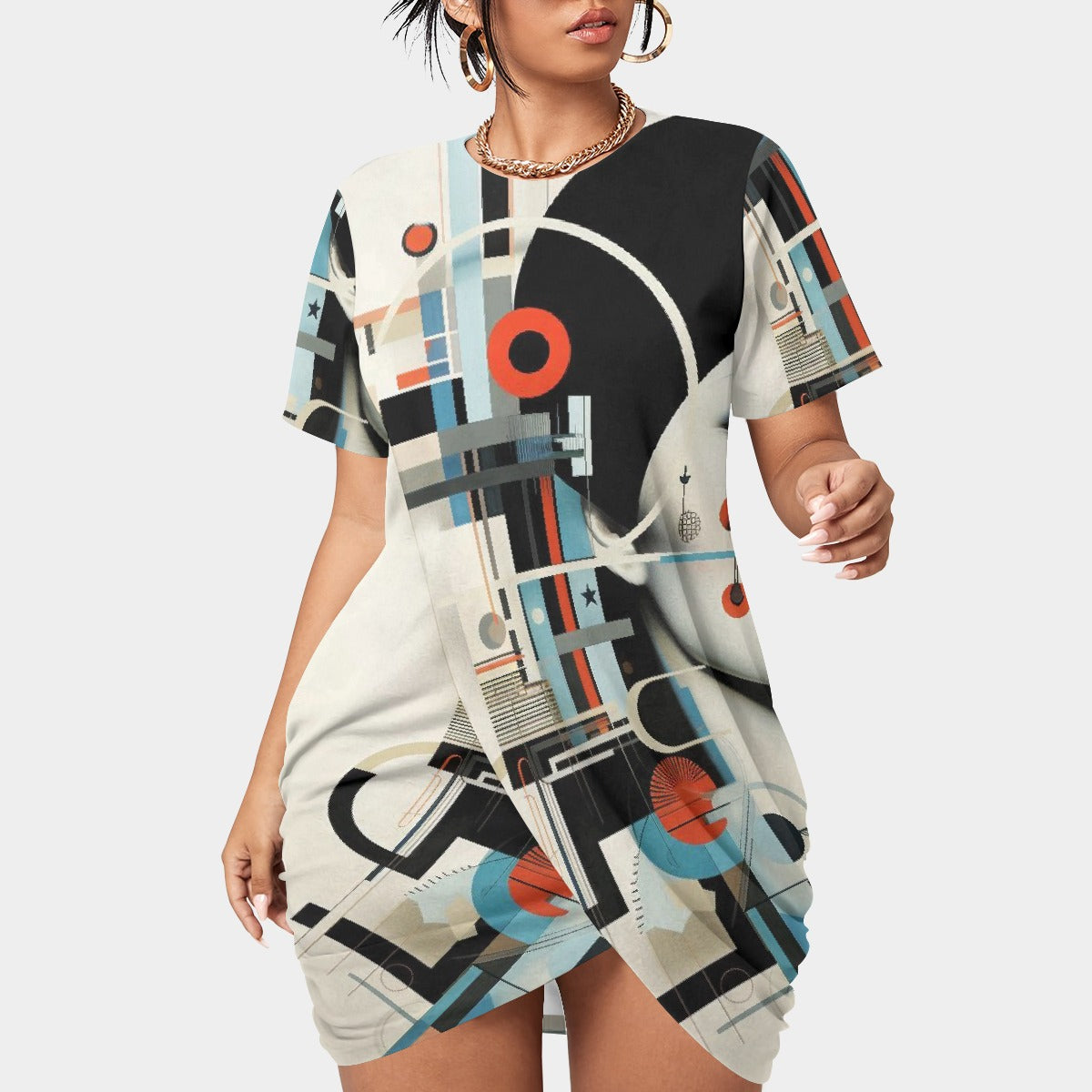 All-Over Print Women’s Stacked Hem Dress With Short Sleeve（Plus Size）