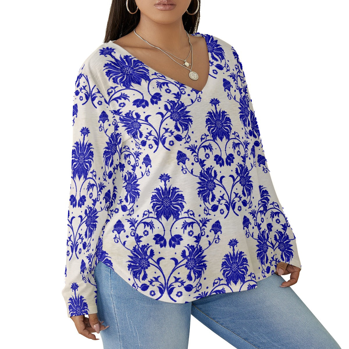 All-Over Print Women's V-neck T-shirt With Curved Hem(Plus Size)