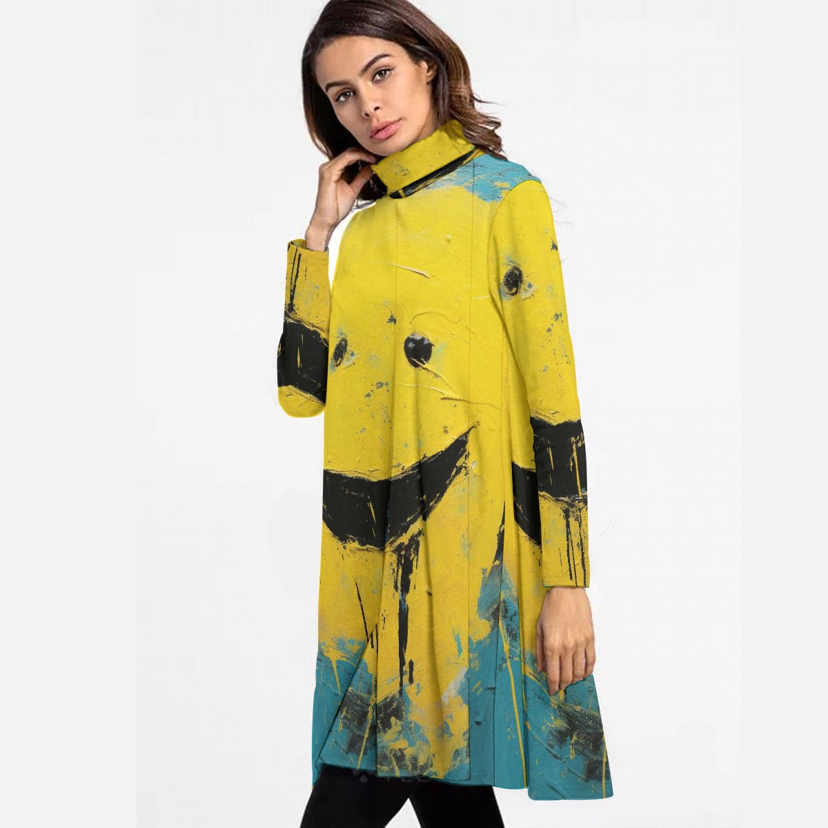 All-Over Print Women's High Neck Dress With Long Sleeve