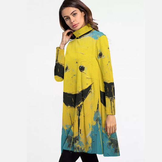 All-Over Print Women's High Neck Dress With Long Sleeve