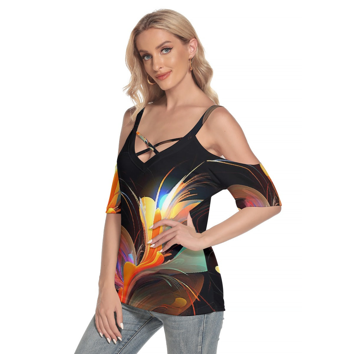 All-Over Print Women's Cold Shoulder T-shirt With Criss Cross Strips