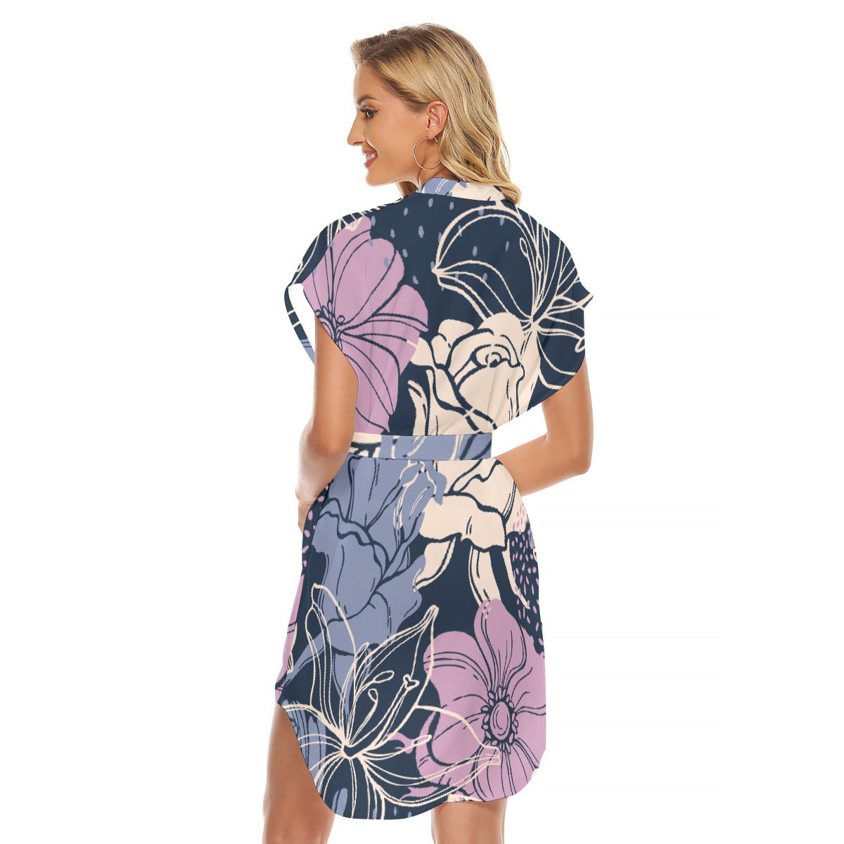 All-Over Print Women's Stand-up Collar Casual Dress With Belt