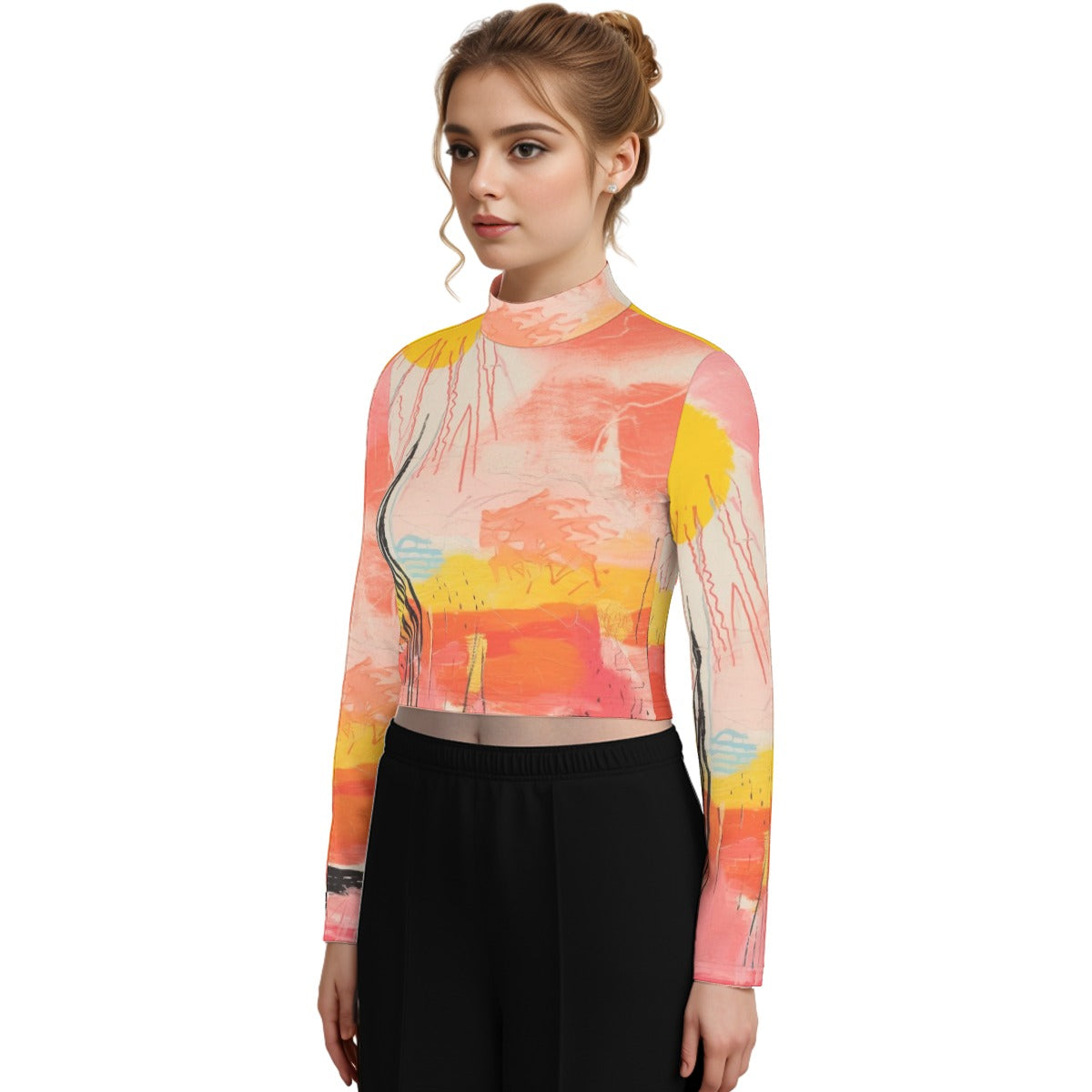 Eco-Friendly All-Over Print Women's Turtleneck T-shirt With Long Sleeve