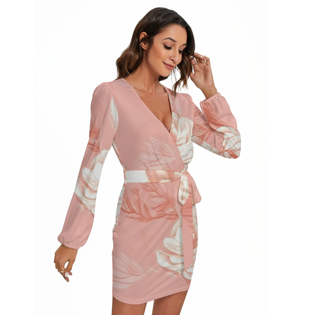 All-Over Print Women's Long Sleeve Dress With Waist Belt