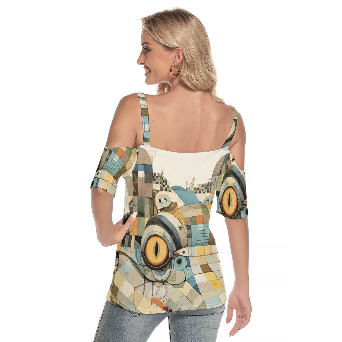 All-Over Print Women's Cold Shoulder T-shirt With Criss Cross Strips