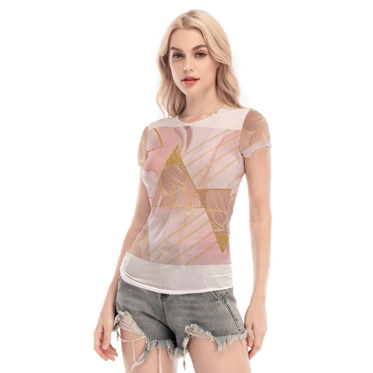 All-Over Print Women's Short Sleeve Mesh Blouse