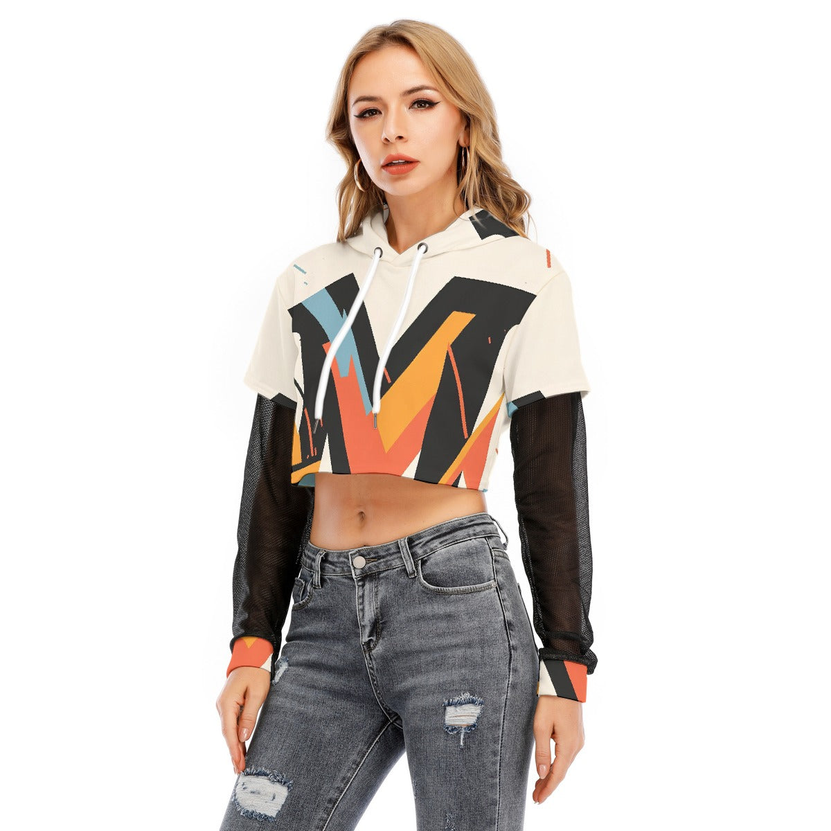 All-Over Print Women's Fake Two-piece Mesh Sleeve Cropped Hoodie