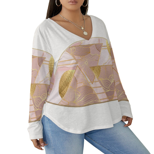 All-Over Print Women's V-neck T-shirt With Curved Hem(Plus Size)