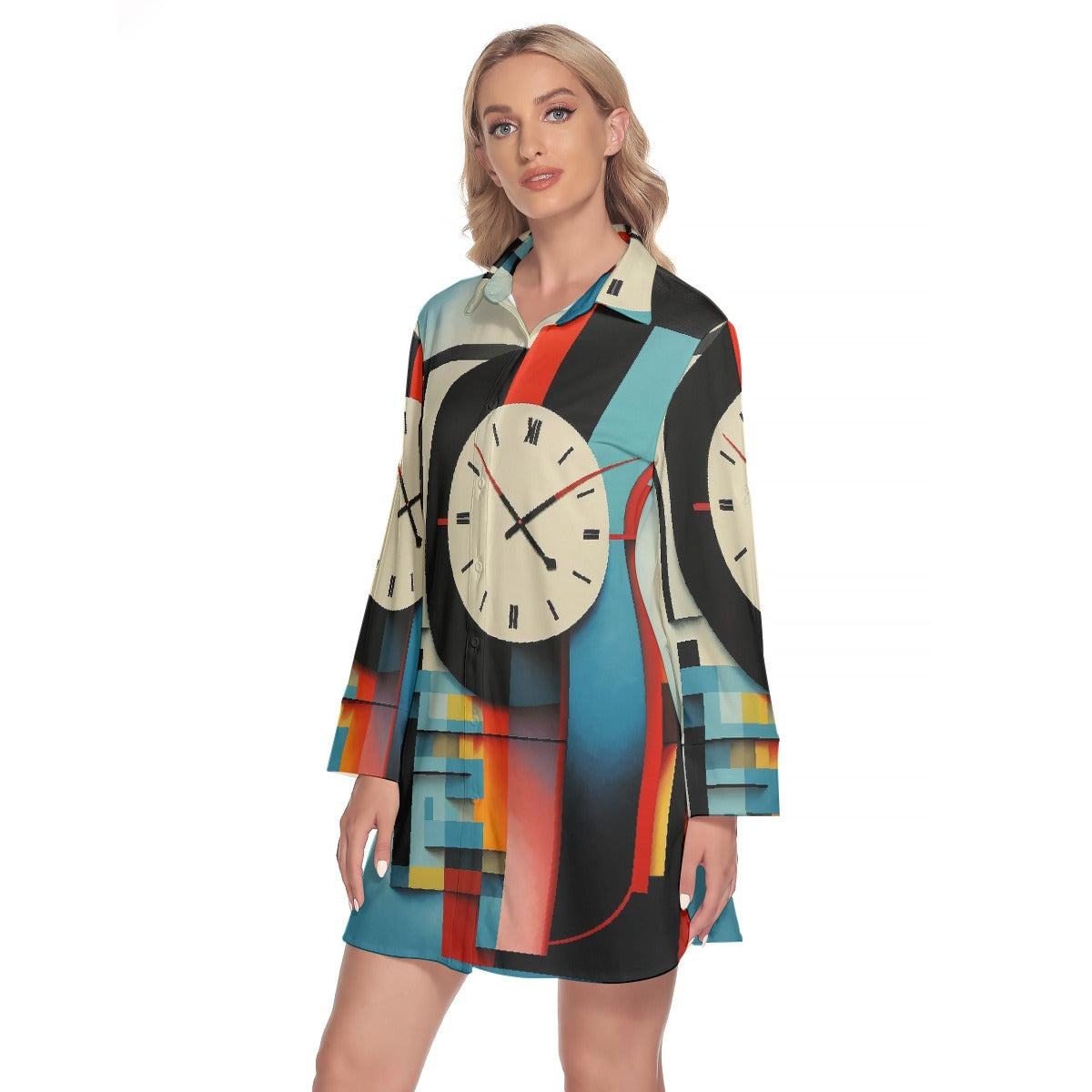 All-Over Print Women's Lapel Shirt Dress With Long Sleeve