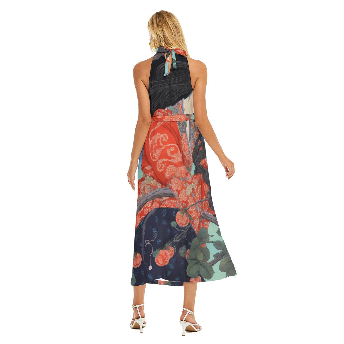 All-Over Print Women's Wrap Hem Belted Halter Dress