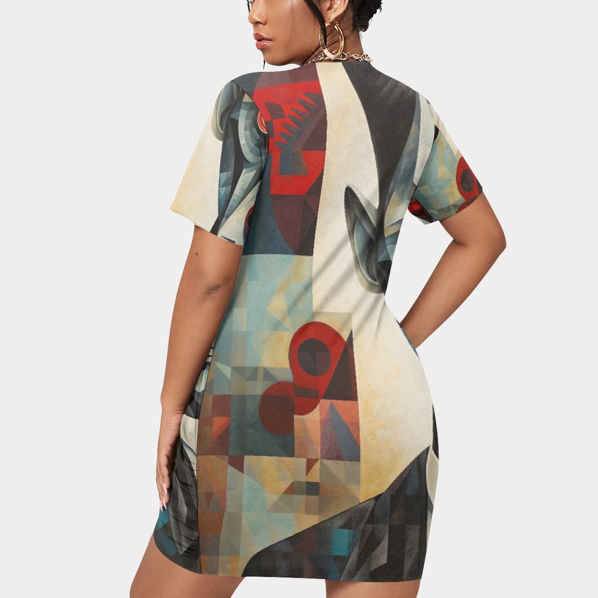 All-Over Print Women’s Stacked Hem Dress With Short Sleeve（Plus Size）