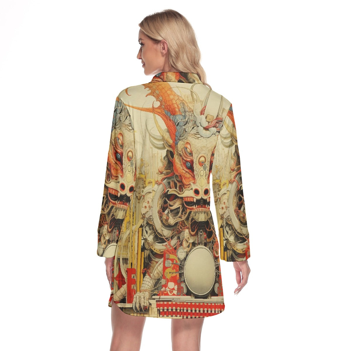 All-Over Print Women's Lapel Shirt Dress With Long Sleeve