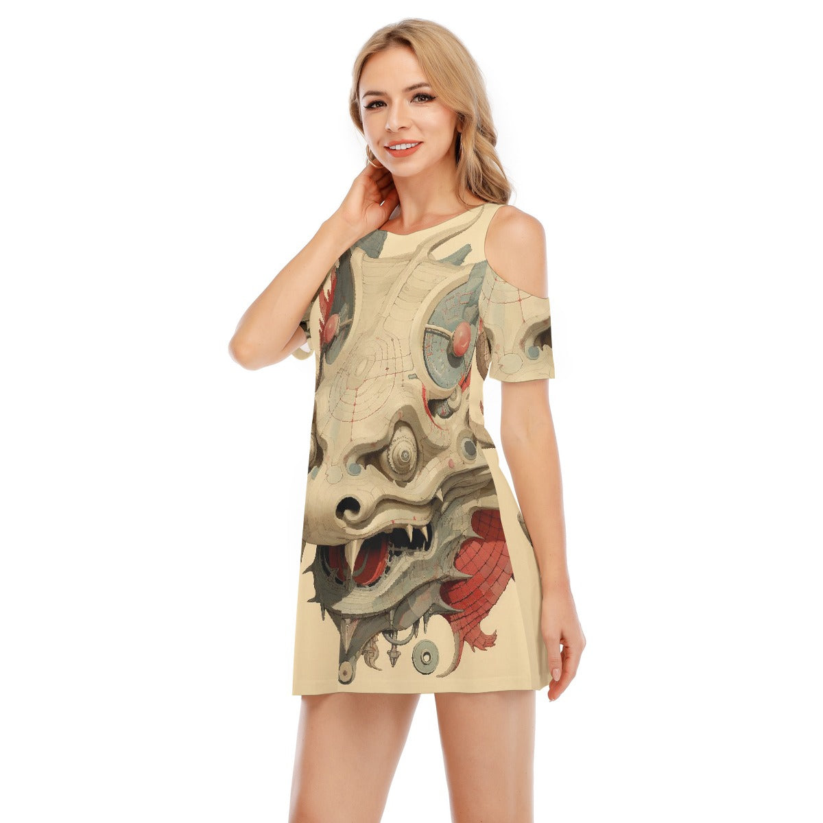 All-Over Print Women's Cold Shoulder Dress | 190GSM Cotton