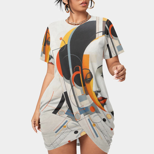 All-Over Print Women’s Stacked Hem Dress With Short Sleeve（Plus Size）