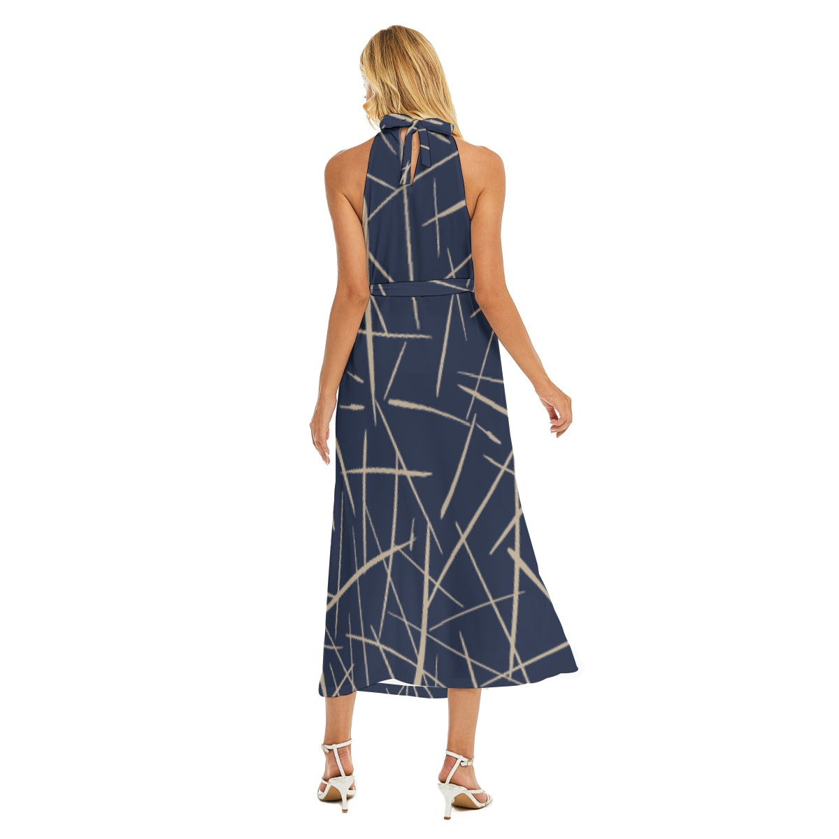 All-Over Print Women's Wrap Hem Belted Halter Dress