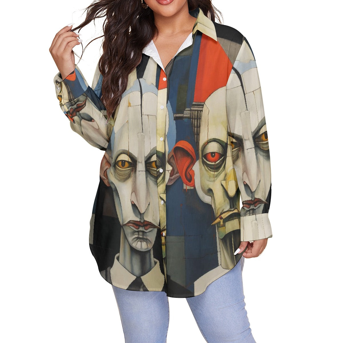 All-Over Print Women's Shirt With Long Sleeve(Plus Size)