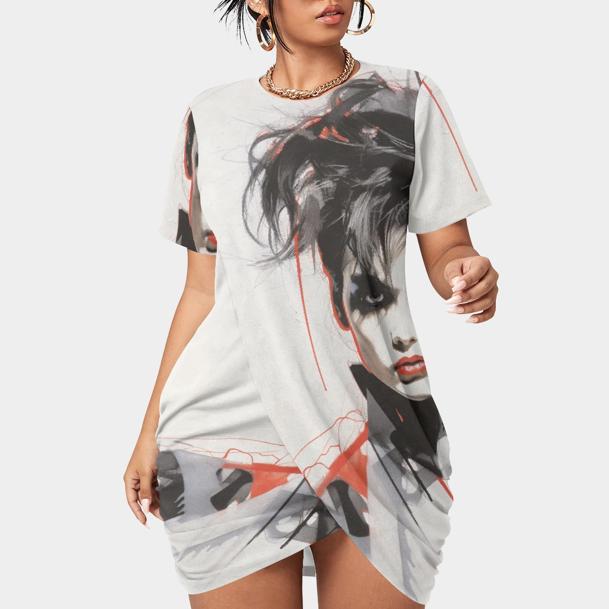 All-Over Print Women’s Stacked Hem Dress With Short Sleeve（Plus Size）