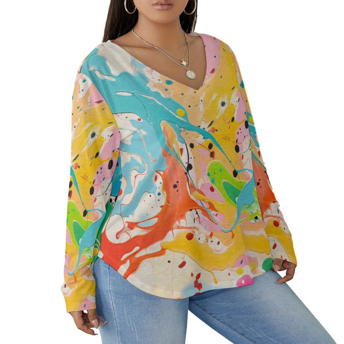 All-Over Print Women's V-neck T-shirt With Curved Hem(Plus Size)