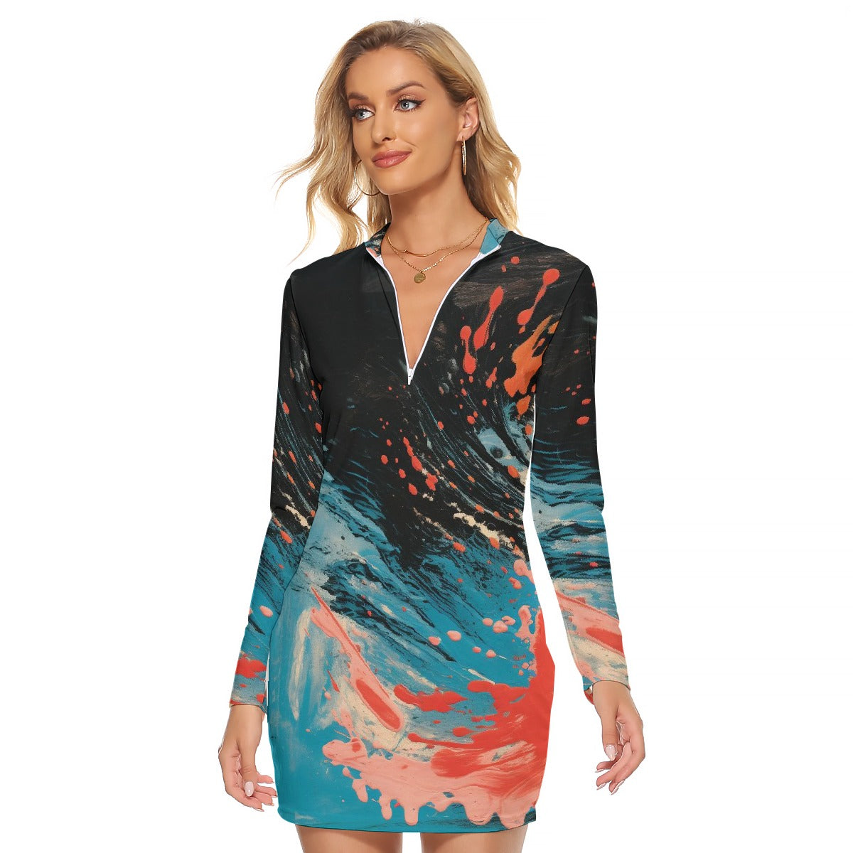 All-Over Print Women's Zip Front Tight Dress