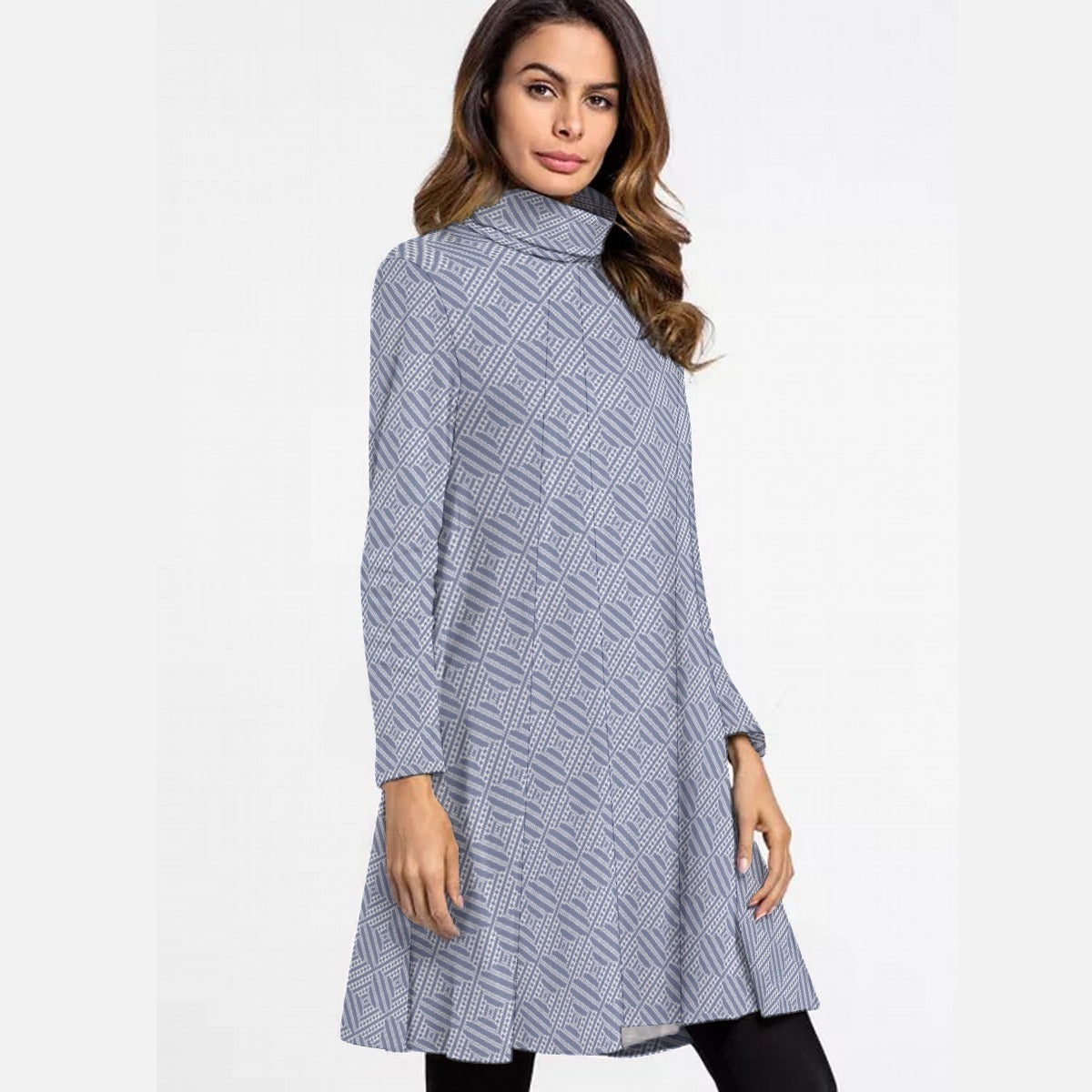 All-Over Print Women's High Neck Dress With Long Sleeve