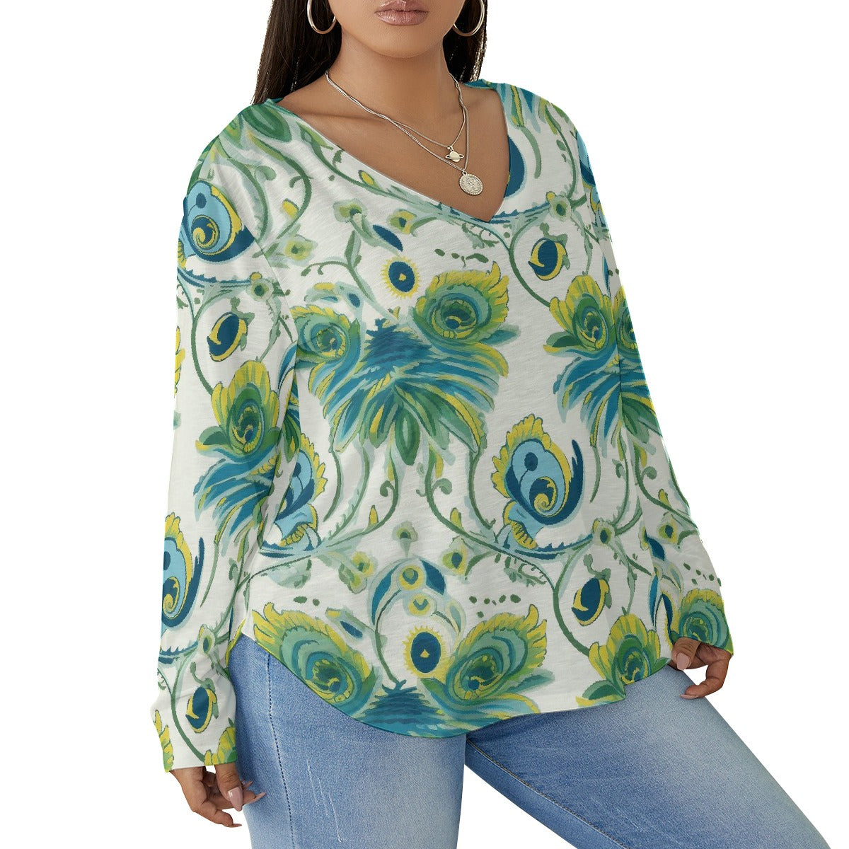 All-Over Print Women's V-neck T-shirt With Curved Hem(Plus Size)