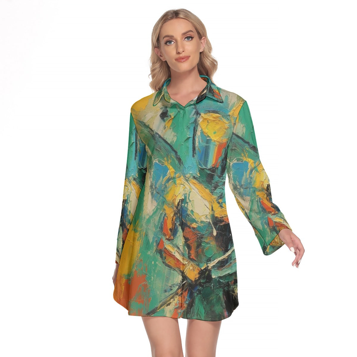 All-Over Print Women's Lapel Shirt Dress With Long Sleeve