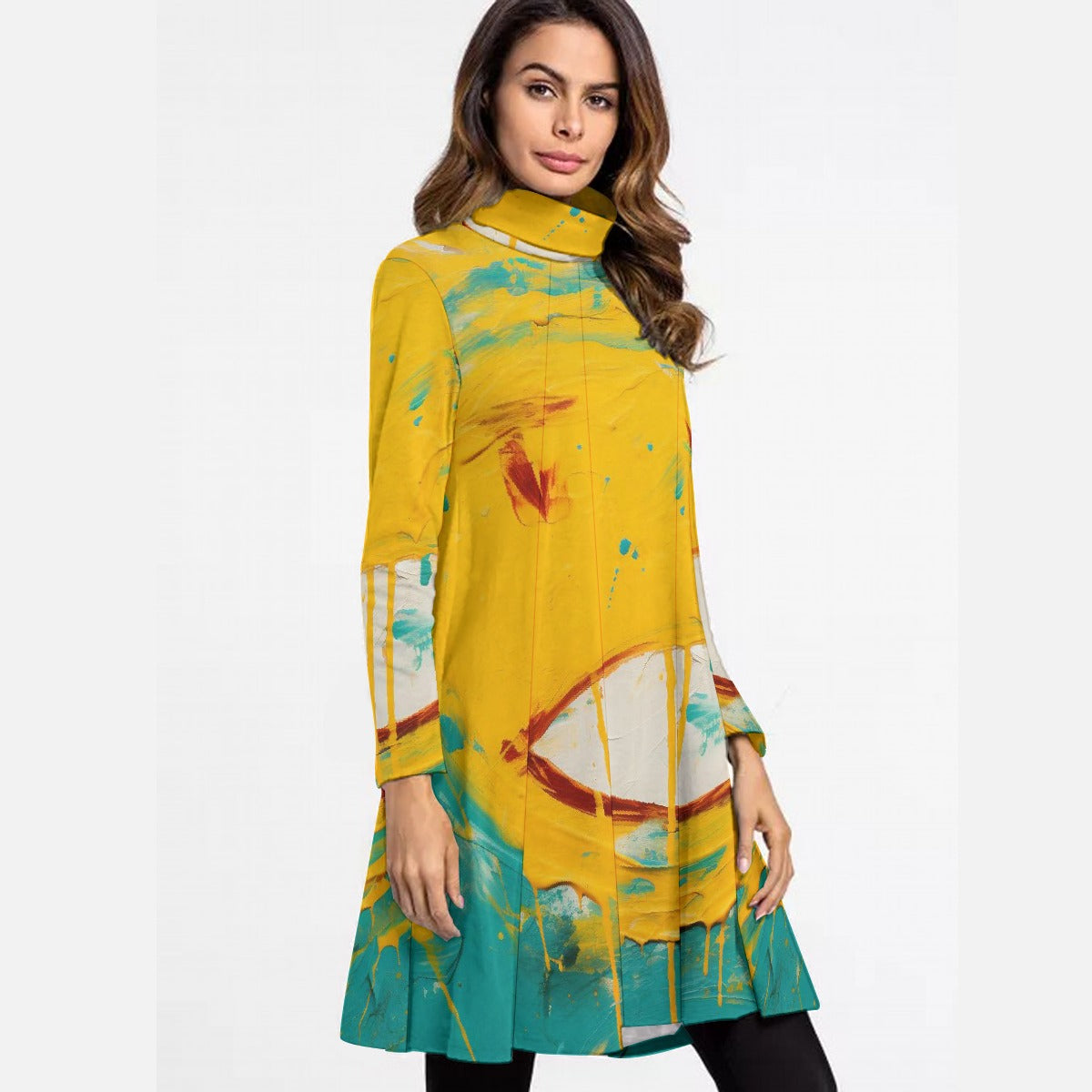 All-Over Print Women's High Neck Dress With Long Sleeve