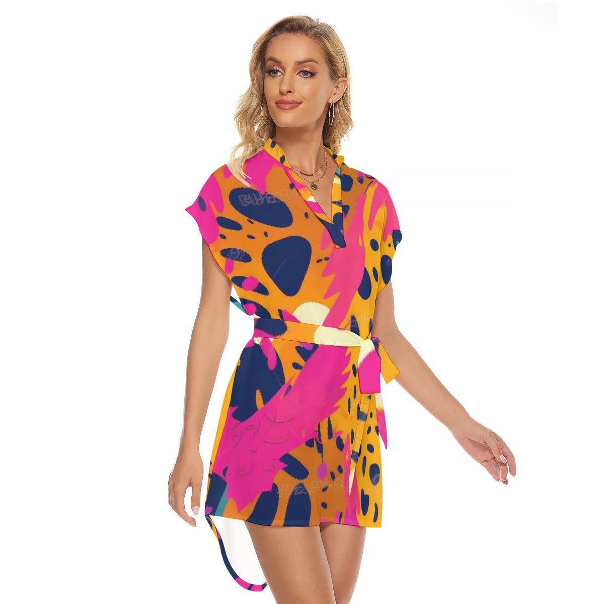 All-Over Print Women's Stand-up Collar Casual Dress With Belt