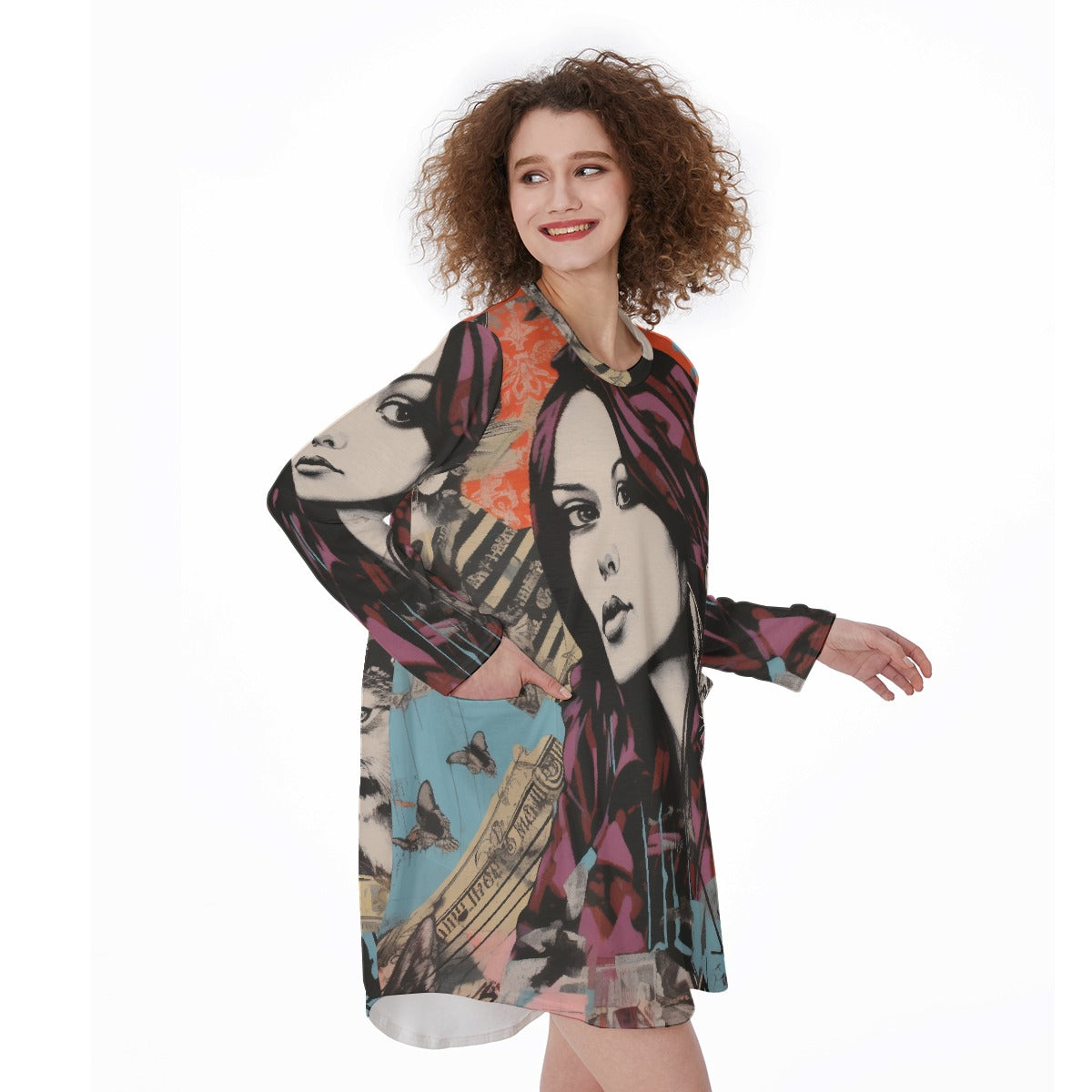 All-Over Print Women's Casual Loose Long Sleeve Dress With Pocket