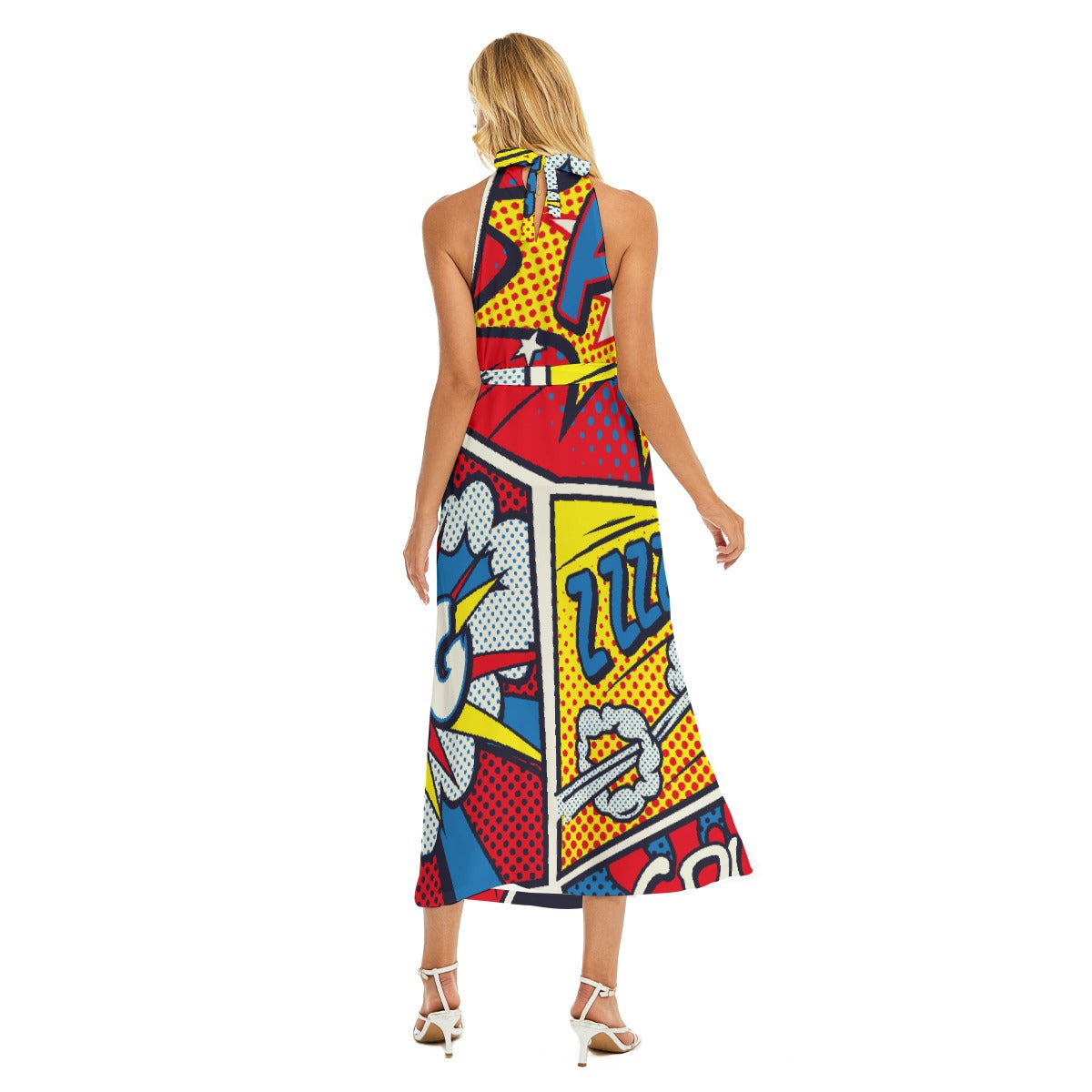 All-Over Print Women's Wrap Hem Belted Halter Dress