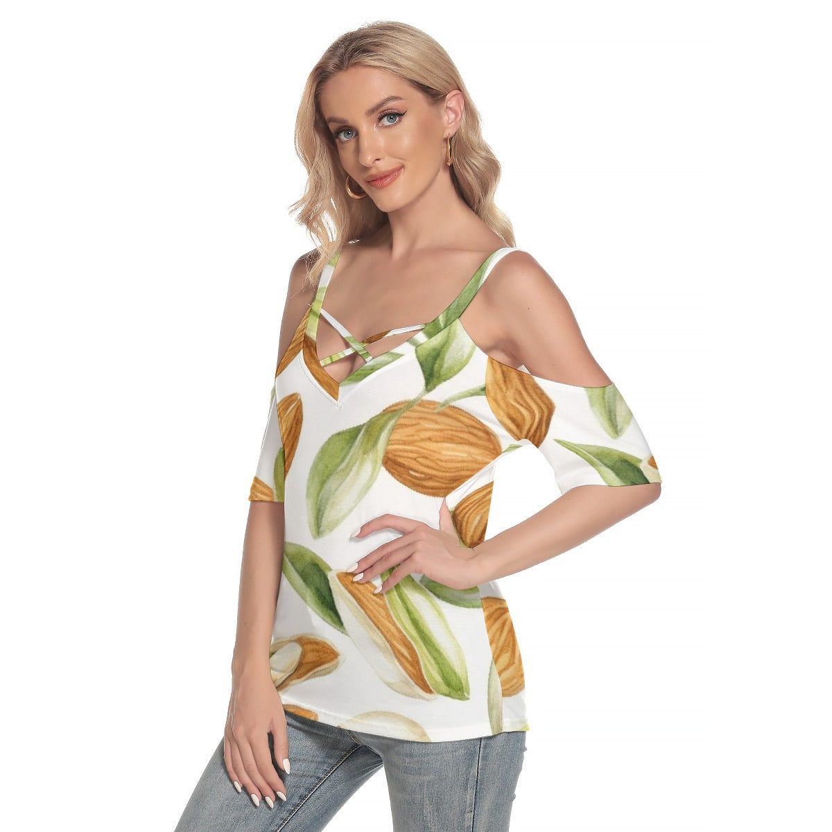 All-Over Print Women's Cold Shoulder T-shirt With Criss Cross Strips