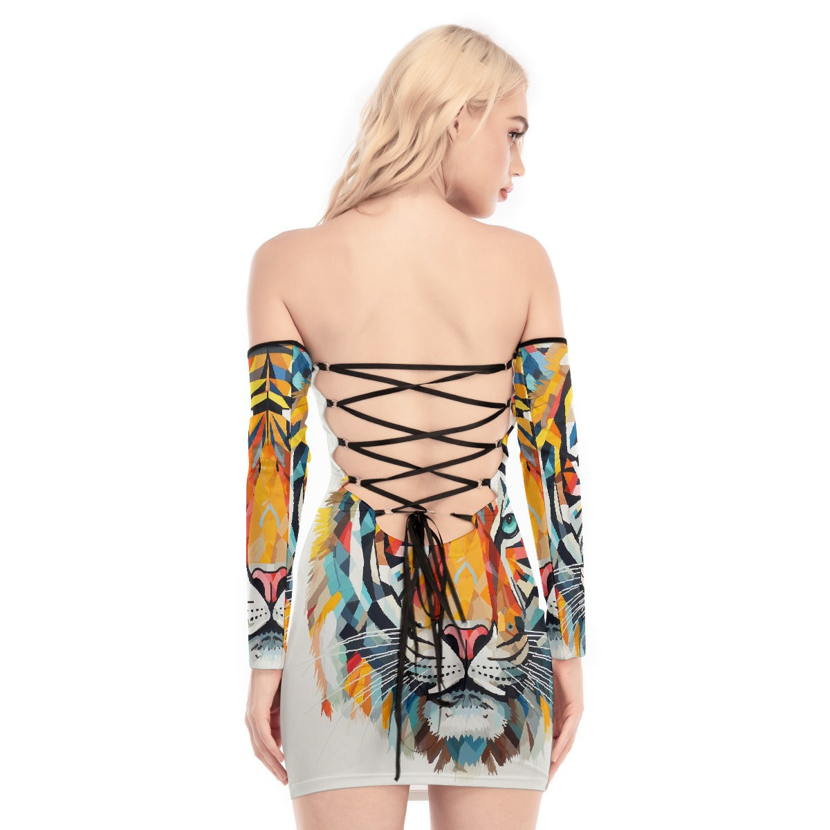 All-Over Print Women's Off-shoulder Back Lace-up Dress